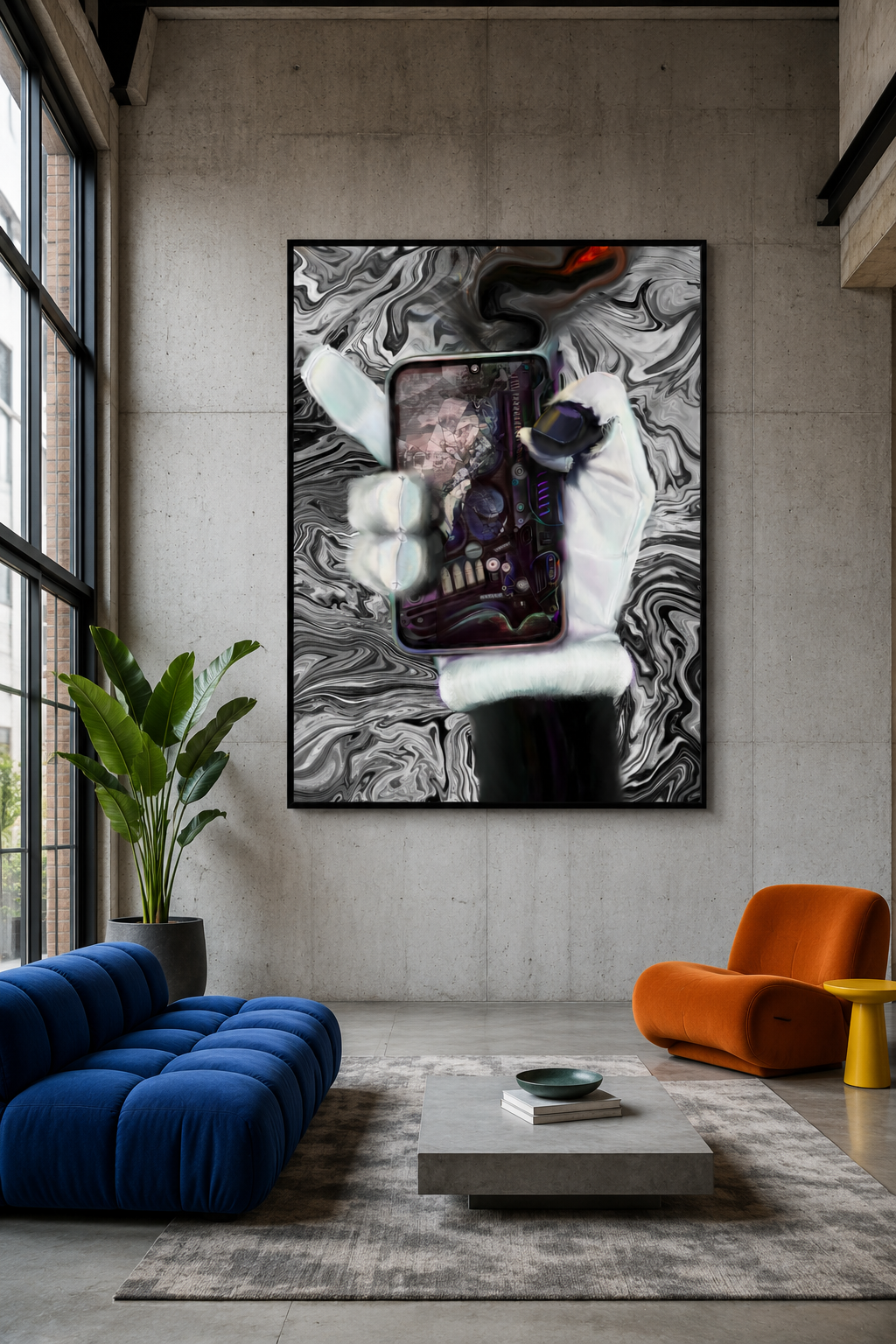 MS Painter artwork as a framed fine-art print in a colorful modern concrete loft