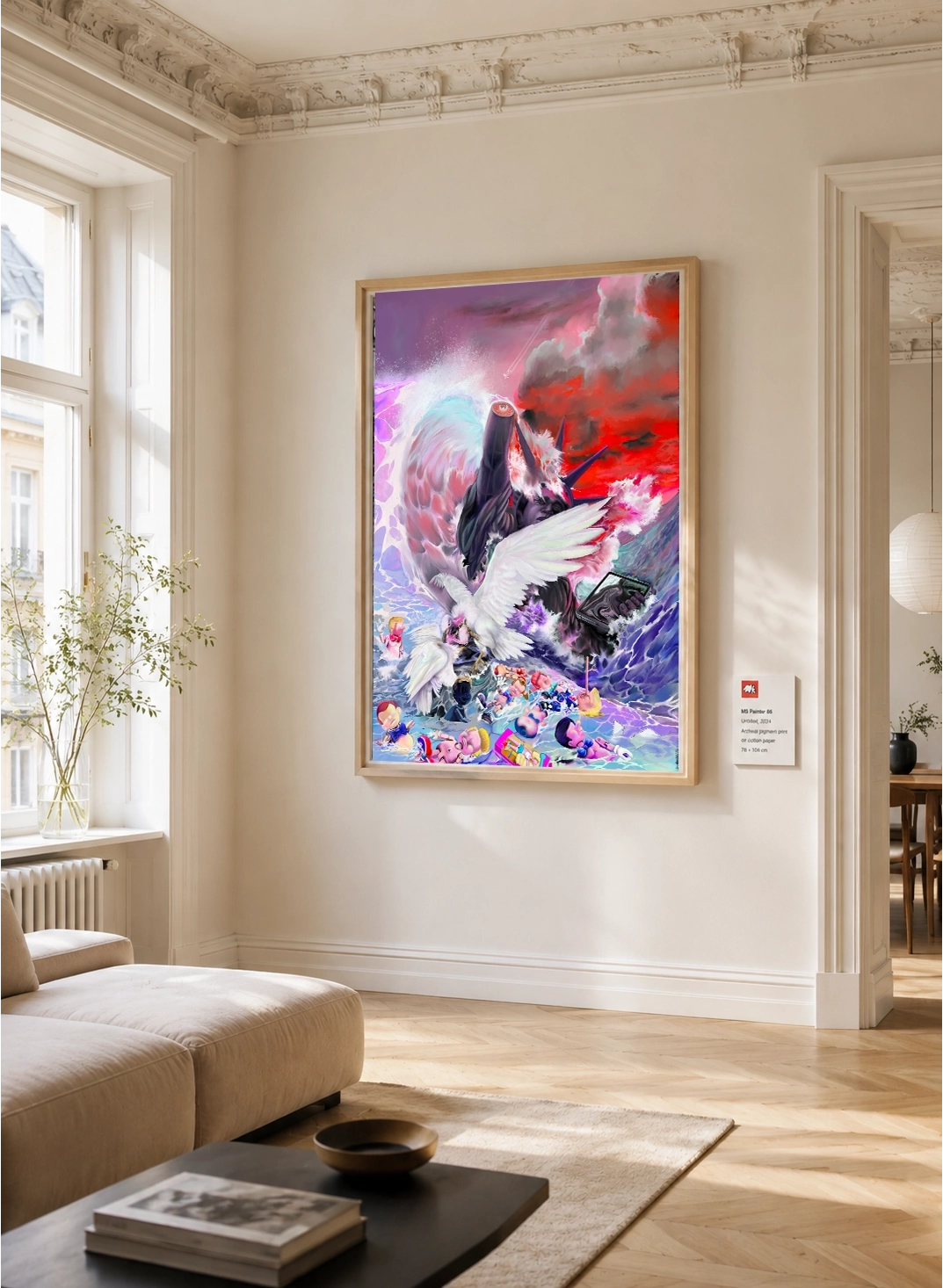 Signed fine-art paper print in a light wood frame in a modern apartment
